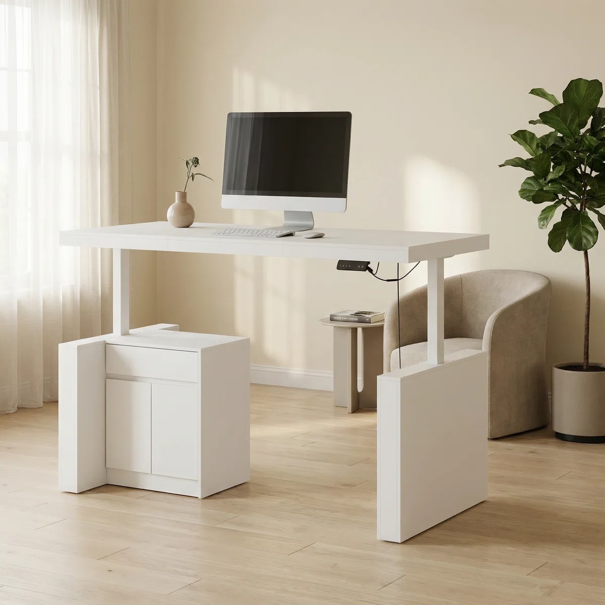 White height-adjustable standing desk with drawer and cabinet, 180 cm wide