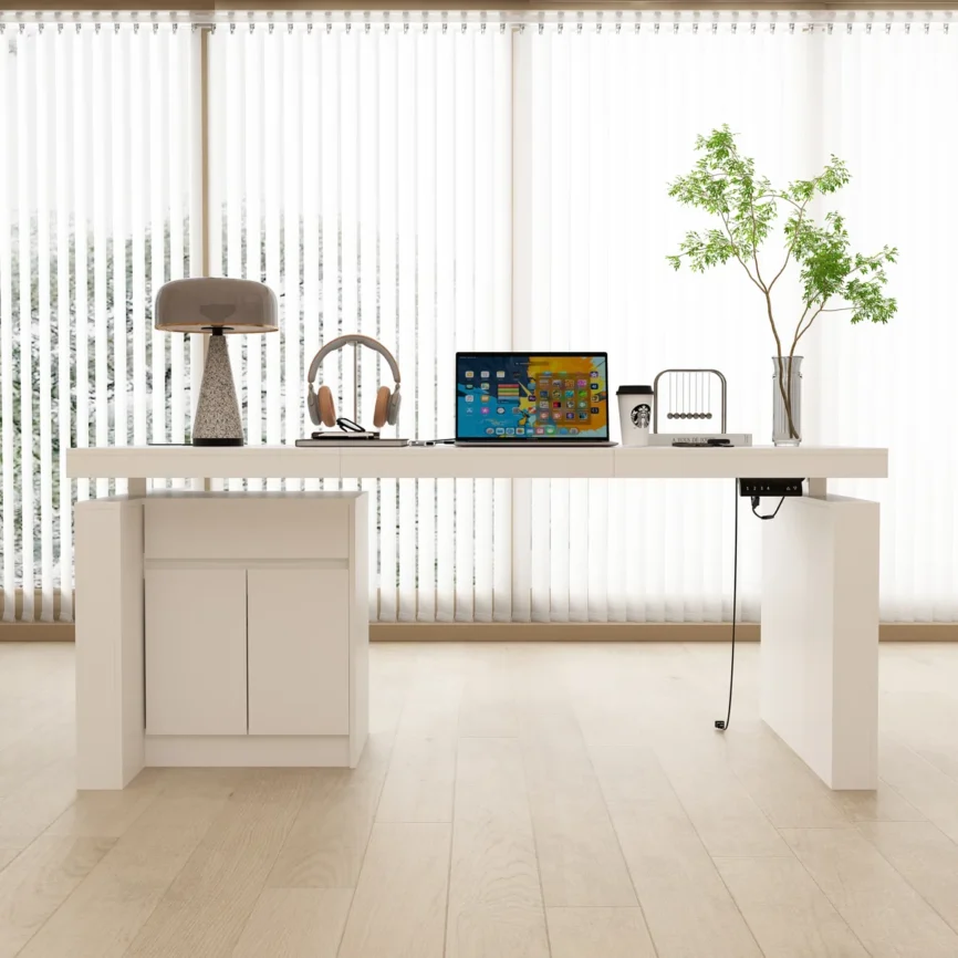 White height-adjustable standing desk with drawer and cabinet, 180 cm wide