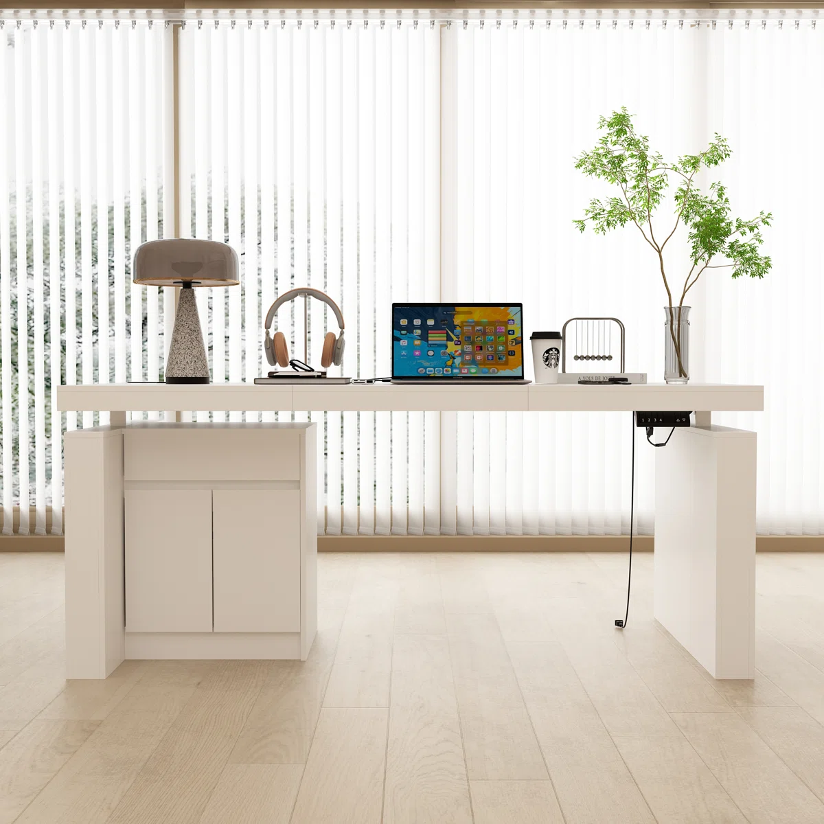 White height-adjustable standing desk with drawer and cabinet, 180 cm wide
