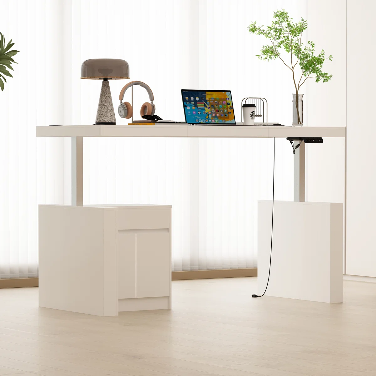White height-adjustable standing desk with drawer and cabinet, 180 cm wide