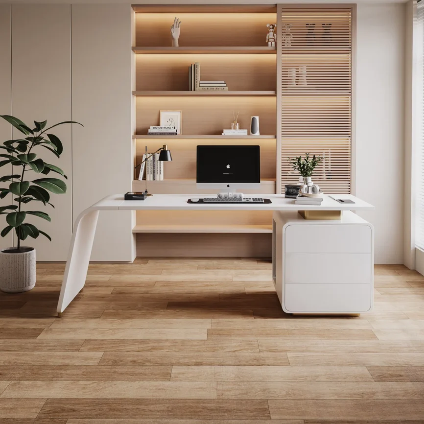 Elara 160 cm modern executive desk in white finish with metal accents, storage drawers, built-in outlets, and cable management.