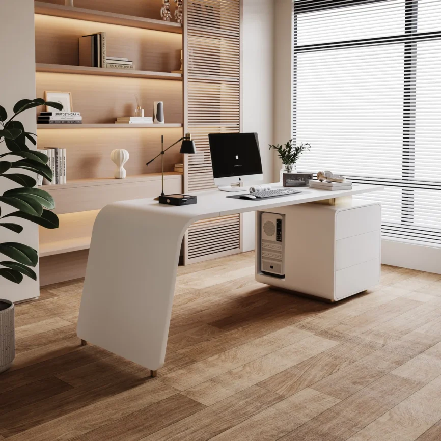 Elara 160 cm modern executive desk in white finish with metal accents, storage drawers, built-in outlets, and cable management.