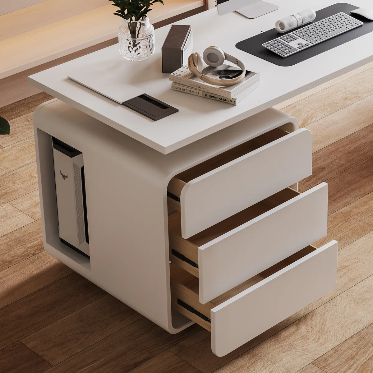 Elara 160 cm modern executive desk in white finish with metal accents, storage drawers, built-in outlets, and cable management.