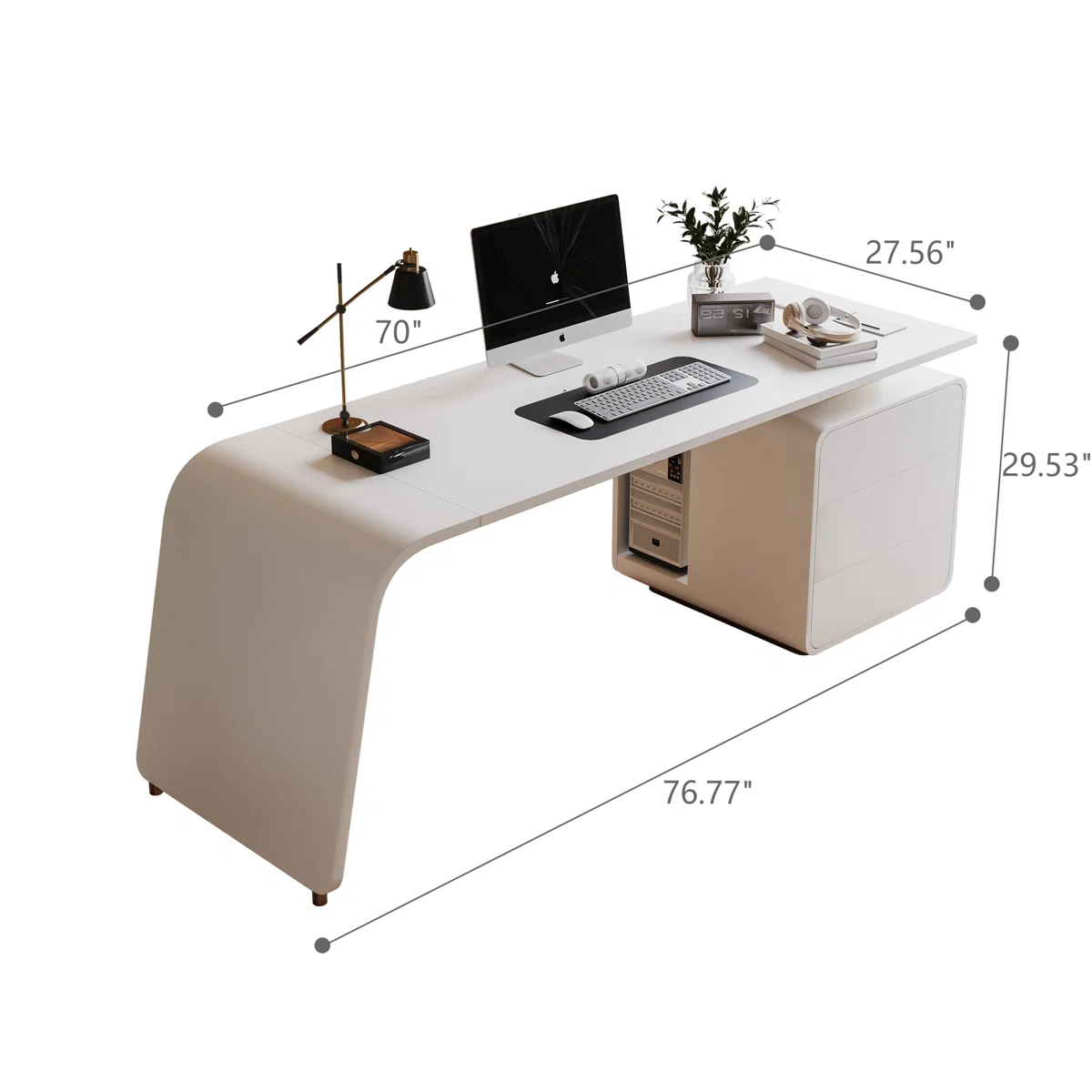 Elara 160 cm modern executive desk in white finish with metal accents, storage drawers, built-in outlets, and cable management.