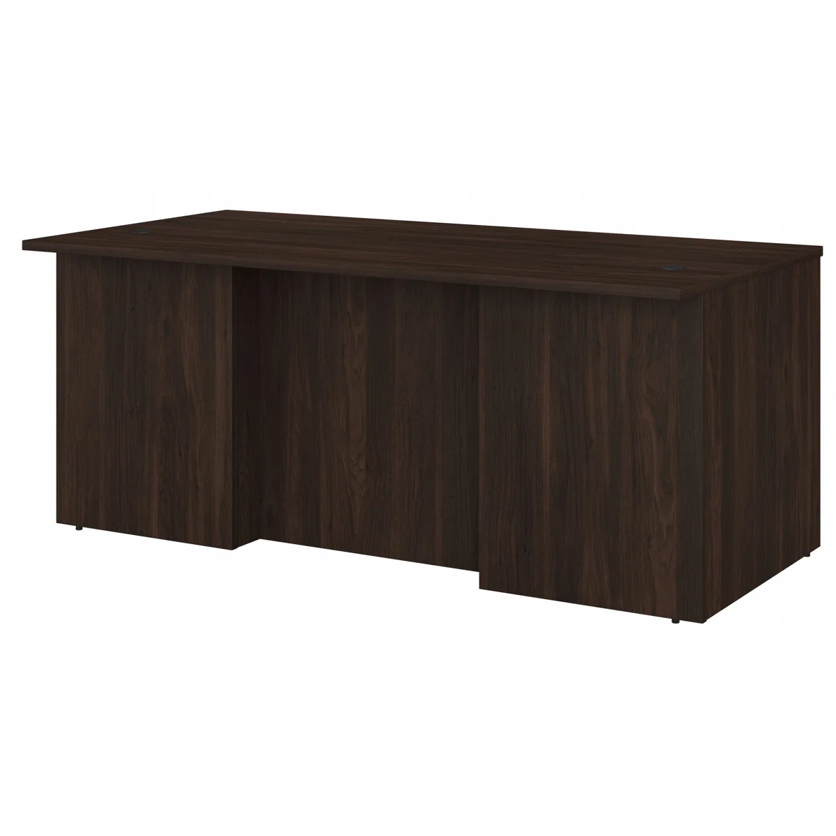 Modern rectangular executive desk with breakfront design, black walnut finish, and spacious work surface.
