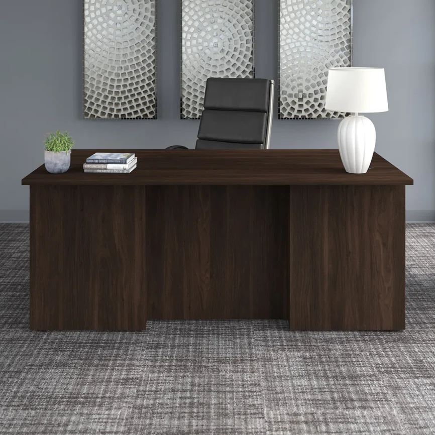 Modern rectangular executive desk with breakfront design, black walnut finish, and spacious work surface.