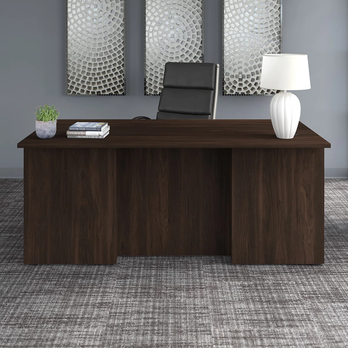Modern rectangular executive desk with breakfront design, black walnut finish, and spacious work surface.