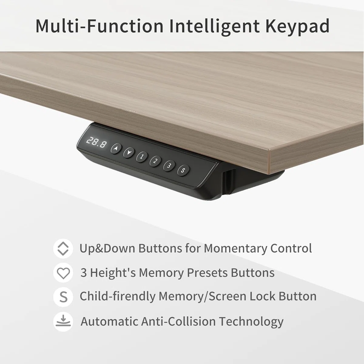 Light walnut L-shaped electric standing desk with white steel frame, file cabinet, and storage shelves
