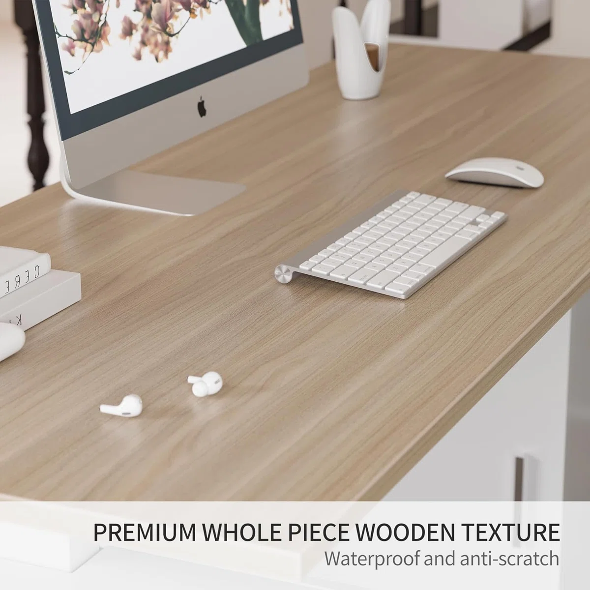 Light walnut L-shaped electric standing desk with white steel frame, file cabinet, and storage shelves