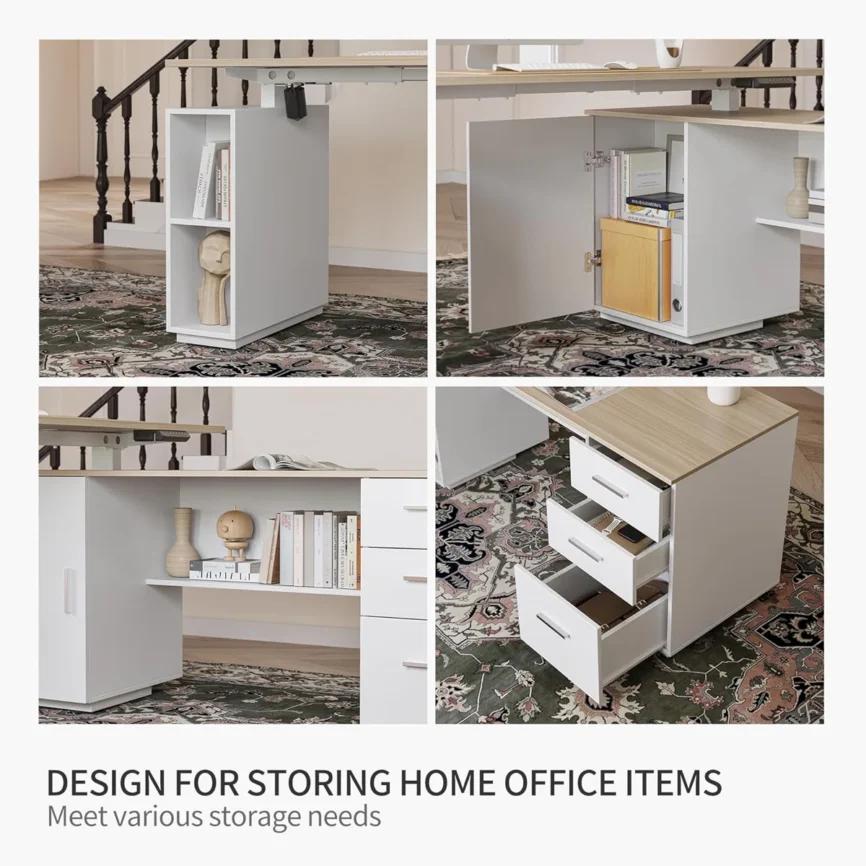 Light walnut L-shaped electric standing desk with white steel frame, file cabinet, and storage shelves