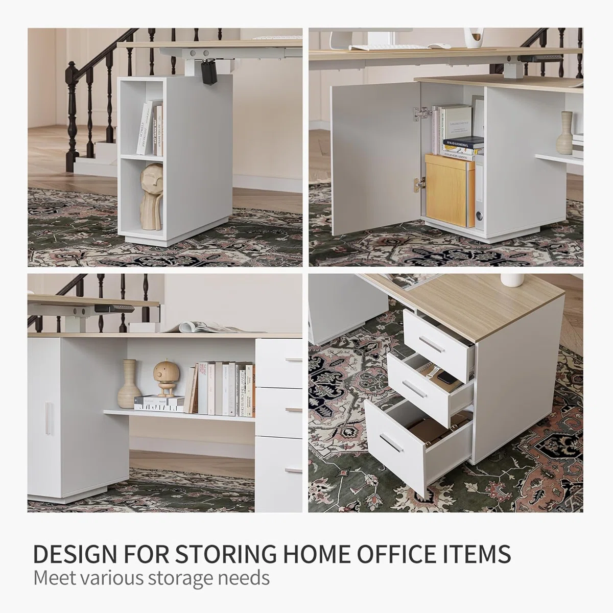 Light walnut L-shaped electric standing desk with white steel frame, file cabinet, and storage shelves