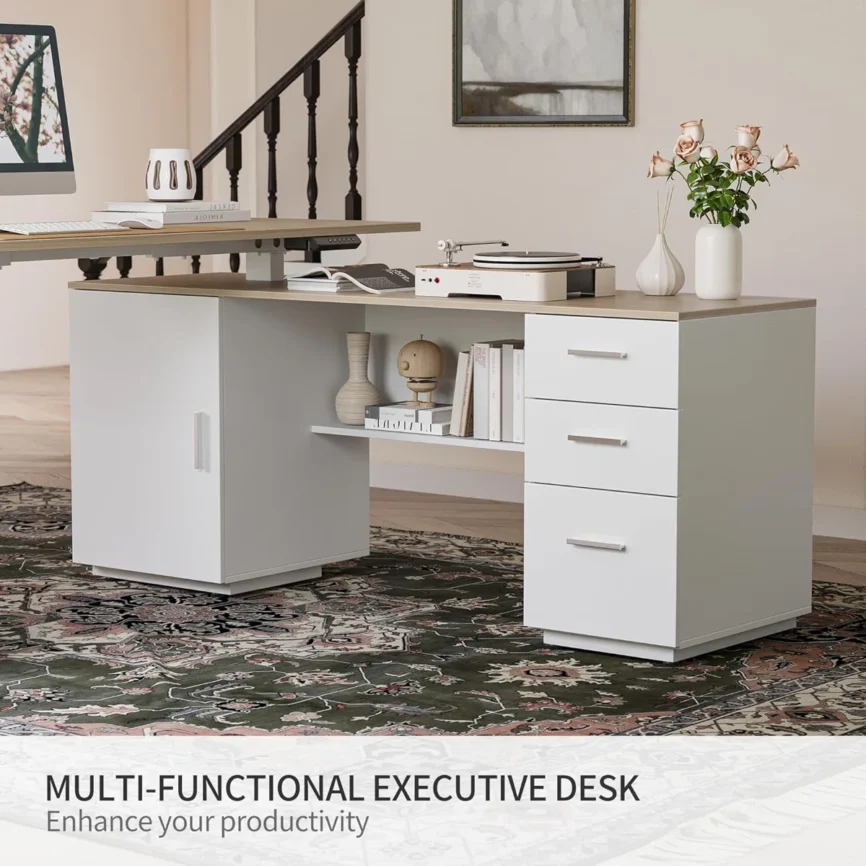 Light walnut L-shaped electric standing desk with white steel frame, file cabinet, and storage shelves