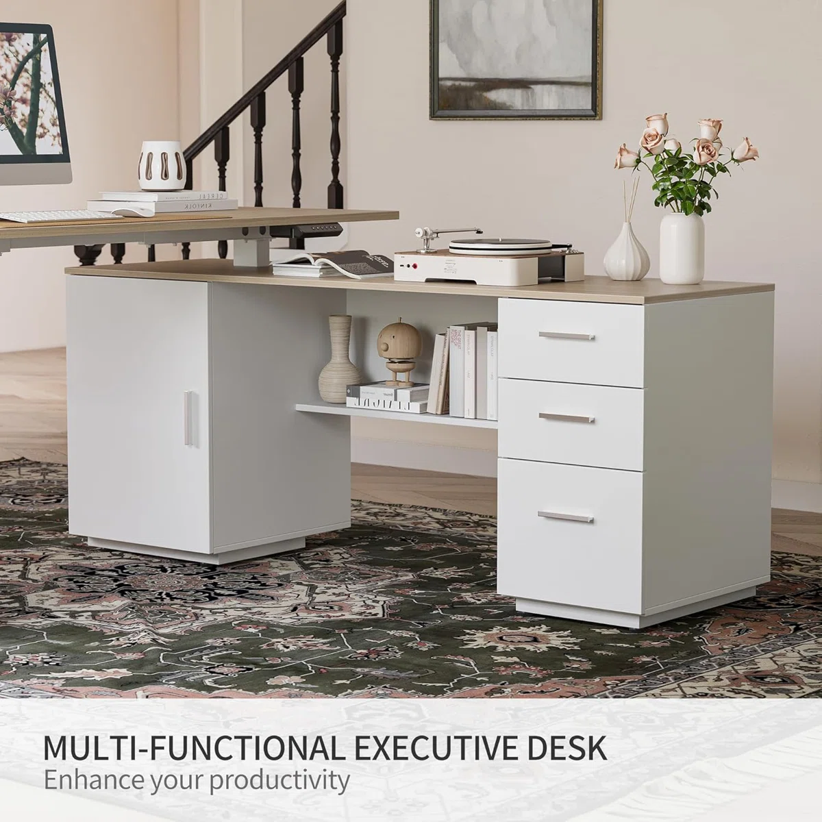 Light walnut L-shaped electric standing desk with white steel frame, file cabinet, and storage shelves