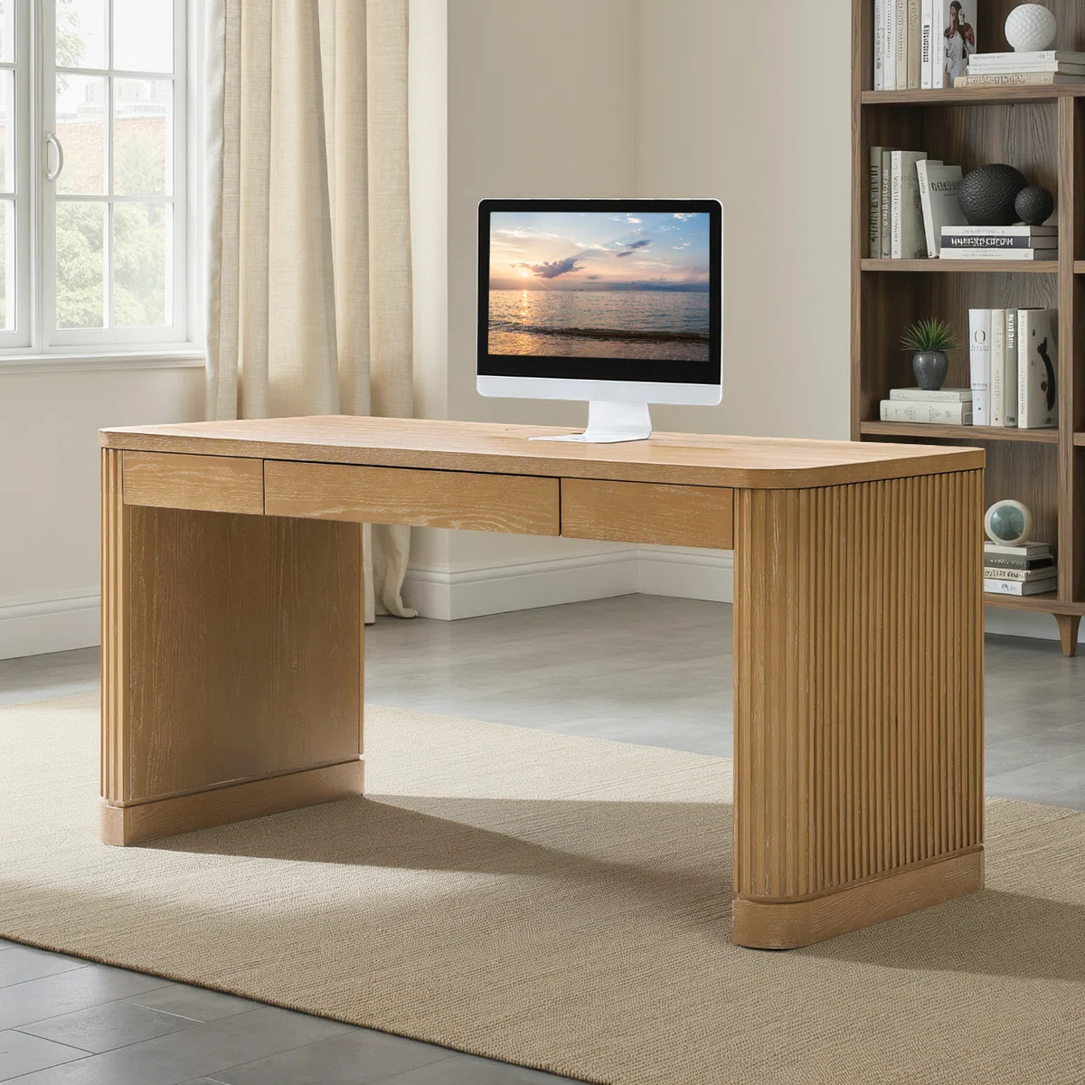 Seadrift oak desk with fluted wood legs, power outlets, USB ports, and keyboard tray