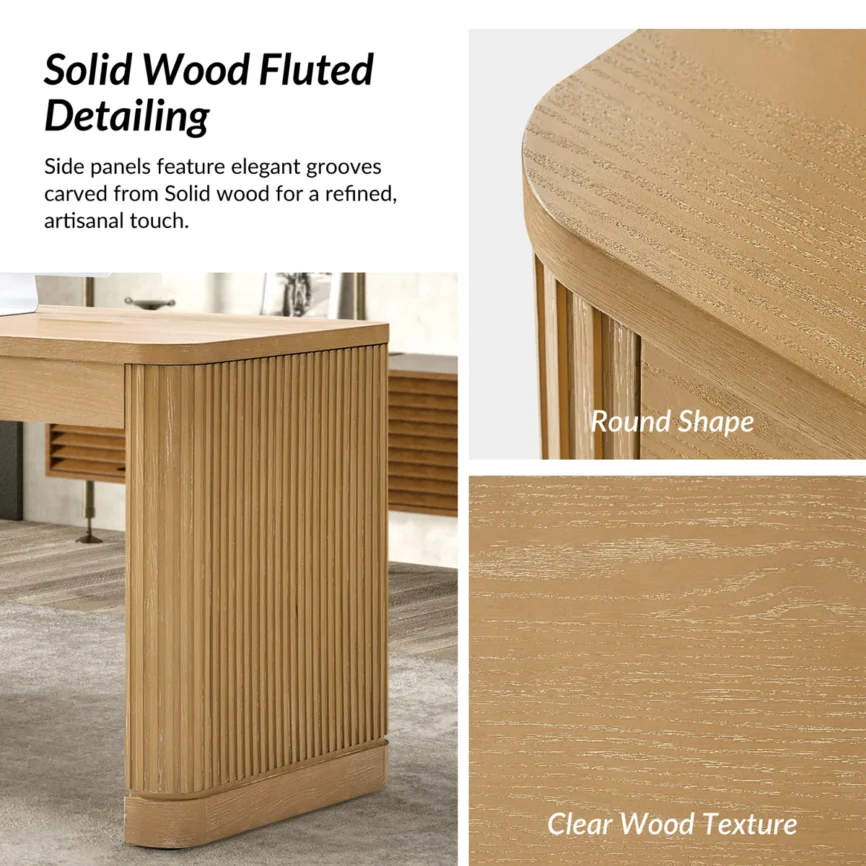 Seadrift oak desk with fluted wood legs, power outlets, USB ports, and keyboard tray