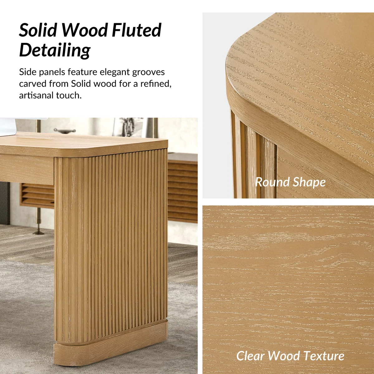 Seadrift oak desk with fluted wood legs, power outlets, USB ports, and keyboard tray