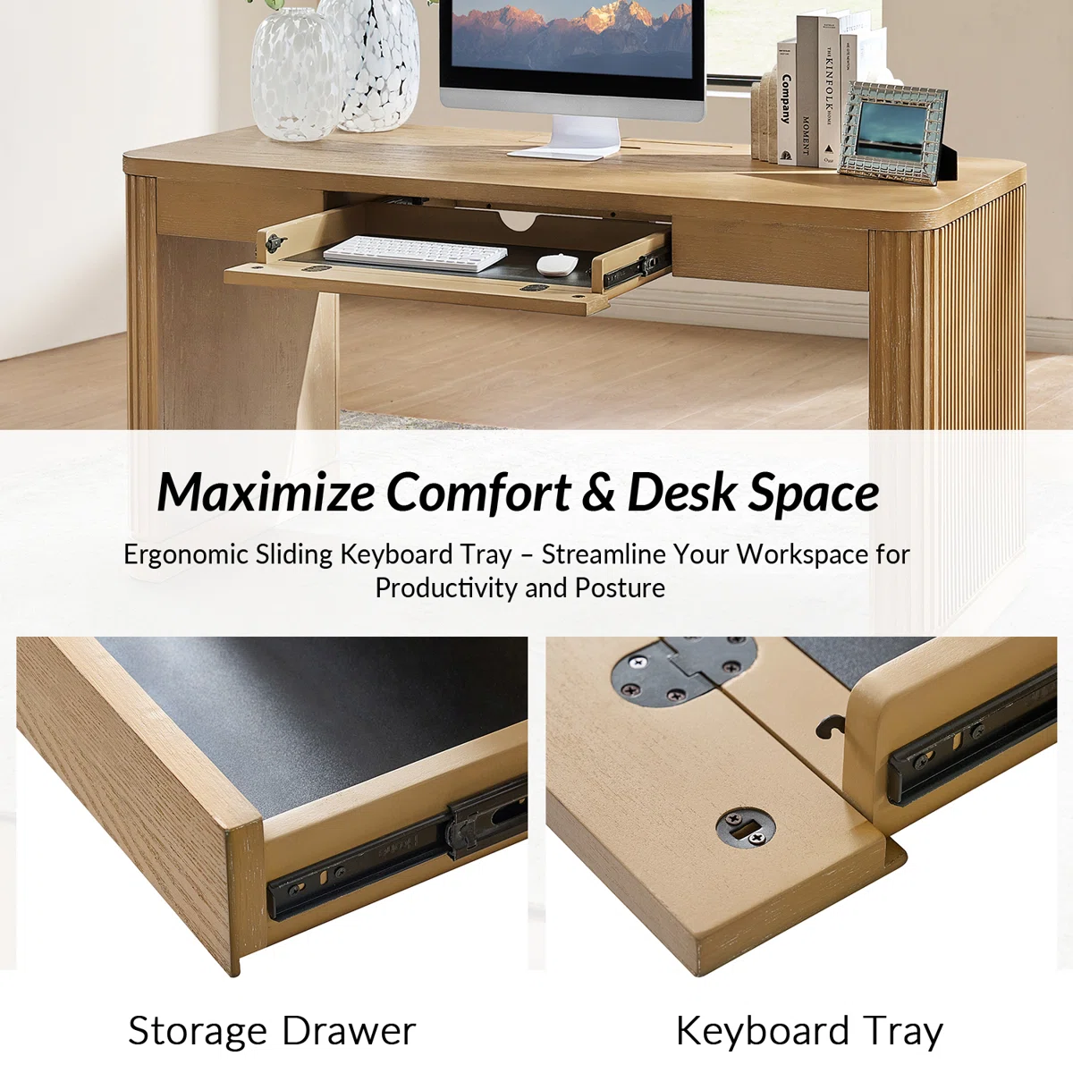 Seadrift oak desk with fluted wood legs, power outlets, USB ports, and keyboard tray