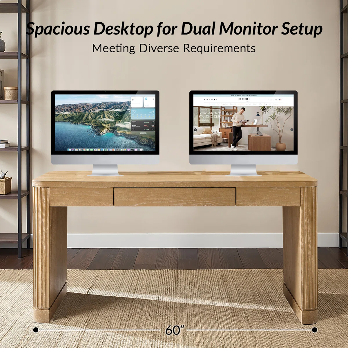 Seadrift oak desk with fluted wood legs, power outlets, USB ports, and keyboard tray