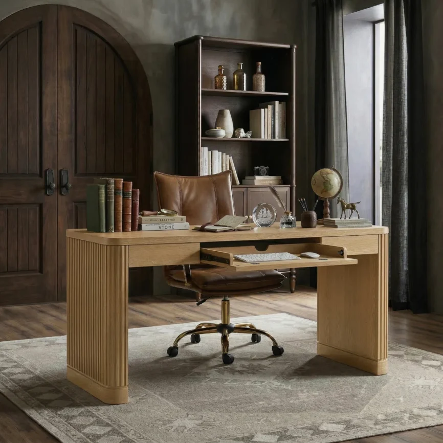 Seadrift oak desk with fluted wood legs, power outlets, USB ports, and keyboard tray