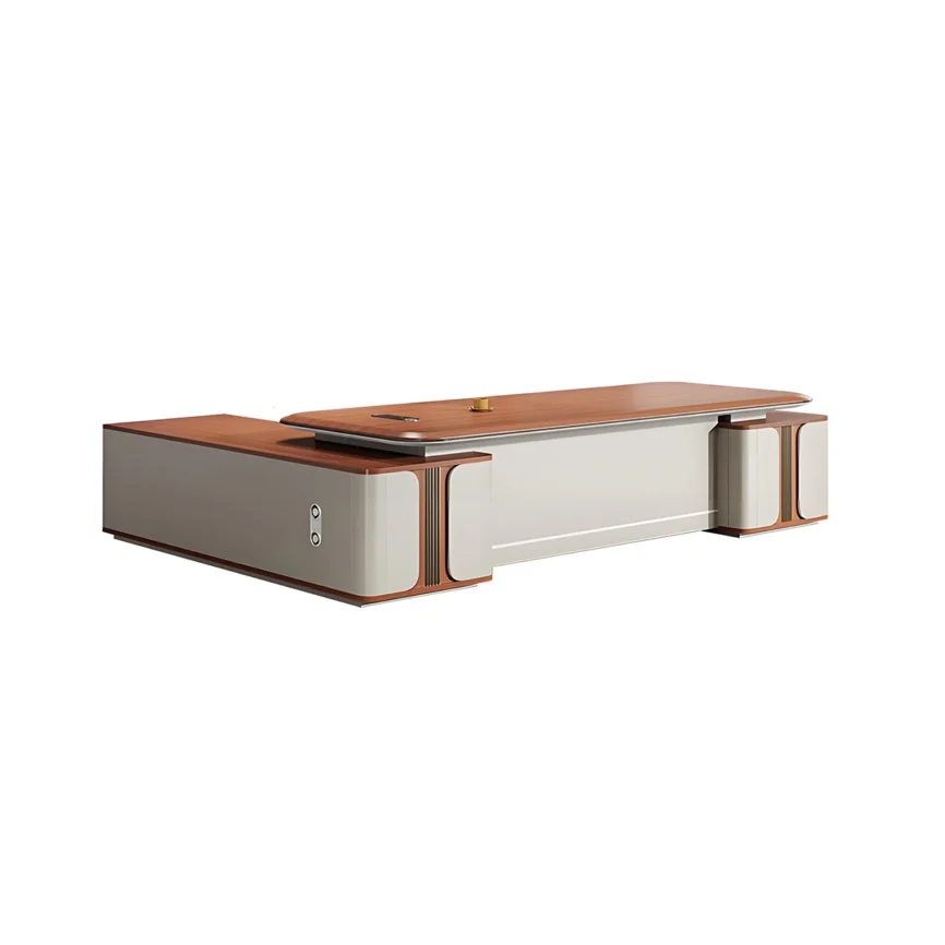 Fortis L-shaped executive desk with rounded corners, privacy panel, code-locked compartment, side cabinet, and multimedia box for modern office organization