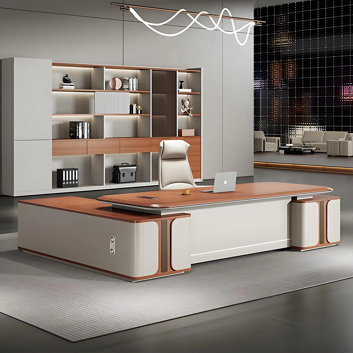 Fortis L-shaped executive desk with rounded corners, privacy panel, code-locked compartment, side cabinet, and multimedia box for modern office organization