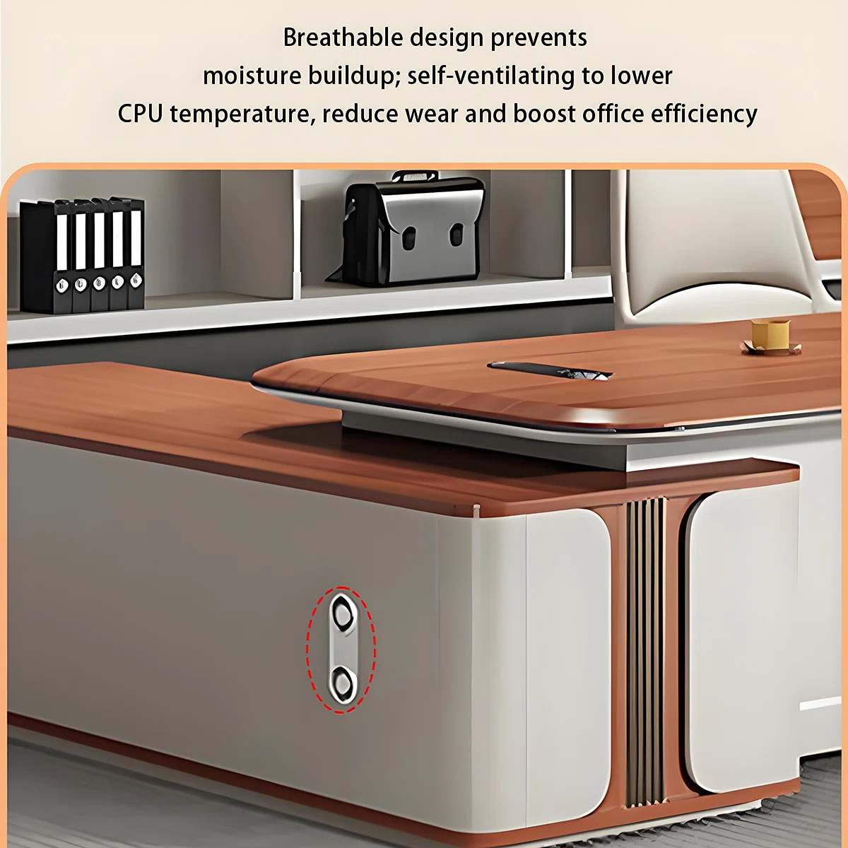 Fortis L-shaped executive desk with rounded corners, privacy panel, code-locked compartment, side cabinet, and multimedia box for modern office organization