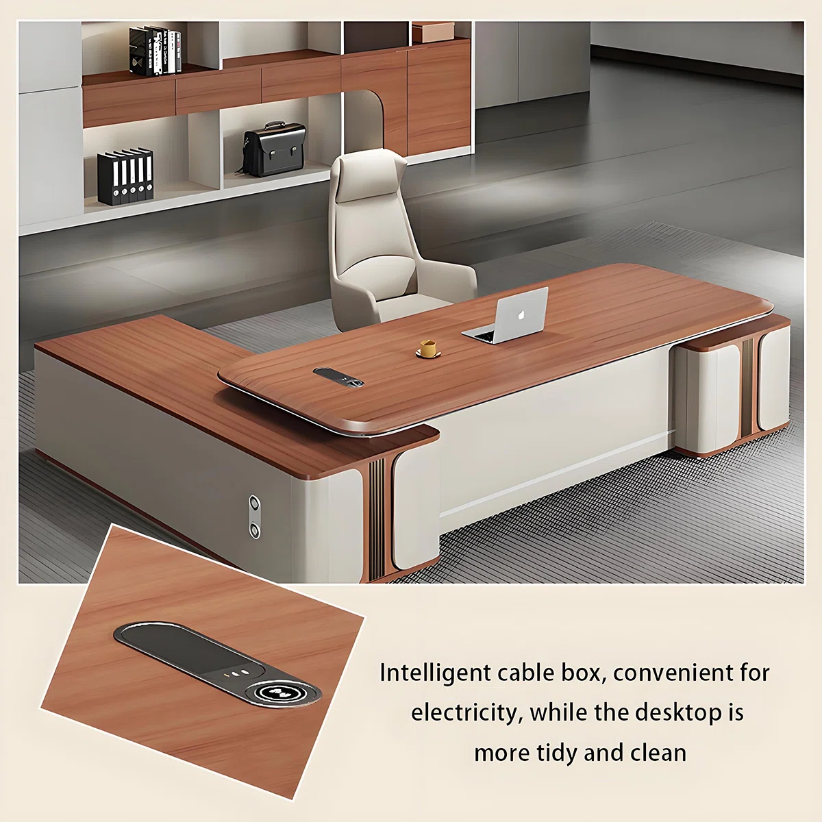 Fortis L-shaped executive desk with rounded corners, privacy panel, code-locked compartment, side cabinet, and multimedia box for modern office organization