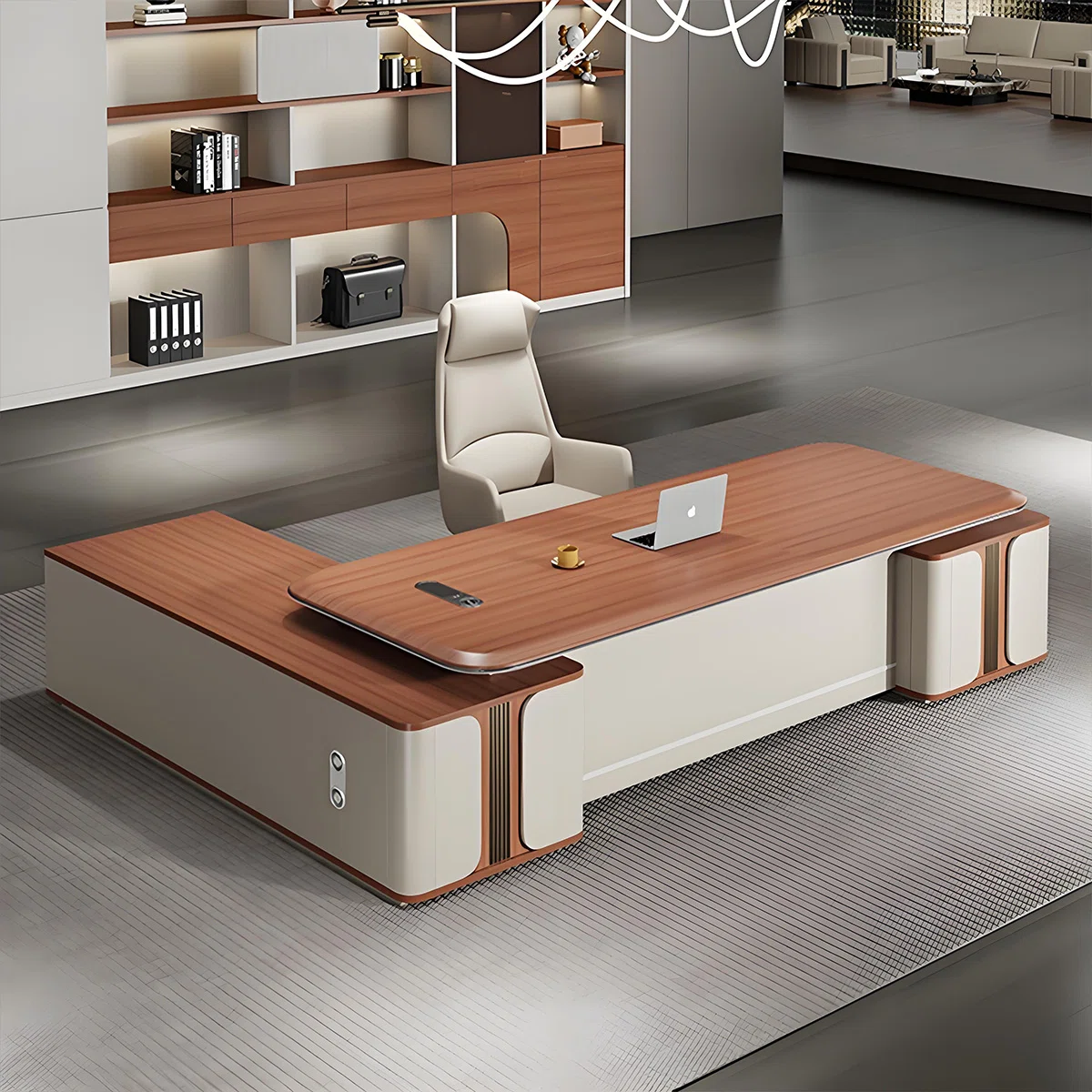 Fortis L-shaped executive desk with rounded corners, privacy panel, code-locked compartment, side cabinet, and multimedia box for modern office organization