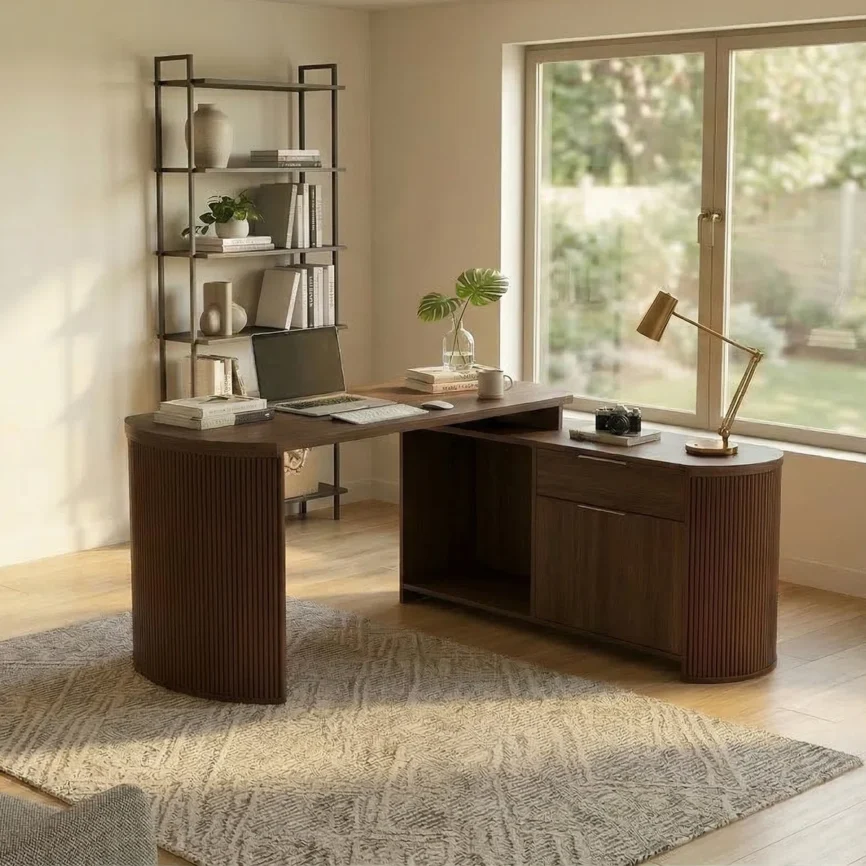 Brown L-shaped desk with curved side panels, 3D wood grain finish, drawer, cabinet, and open shelf.