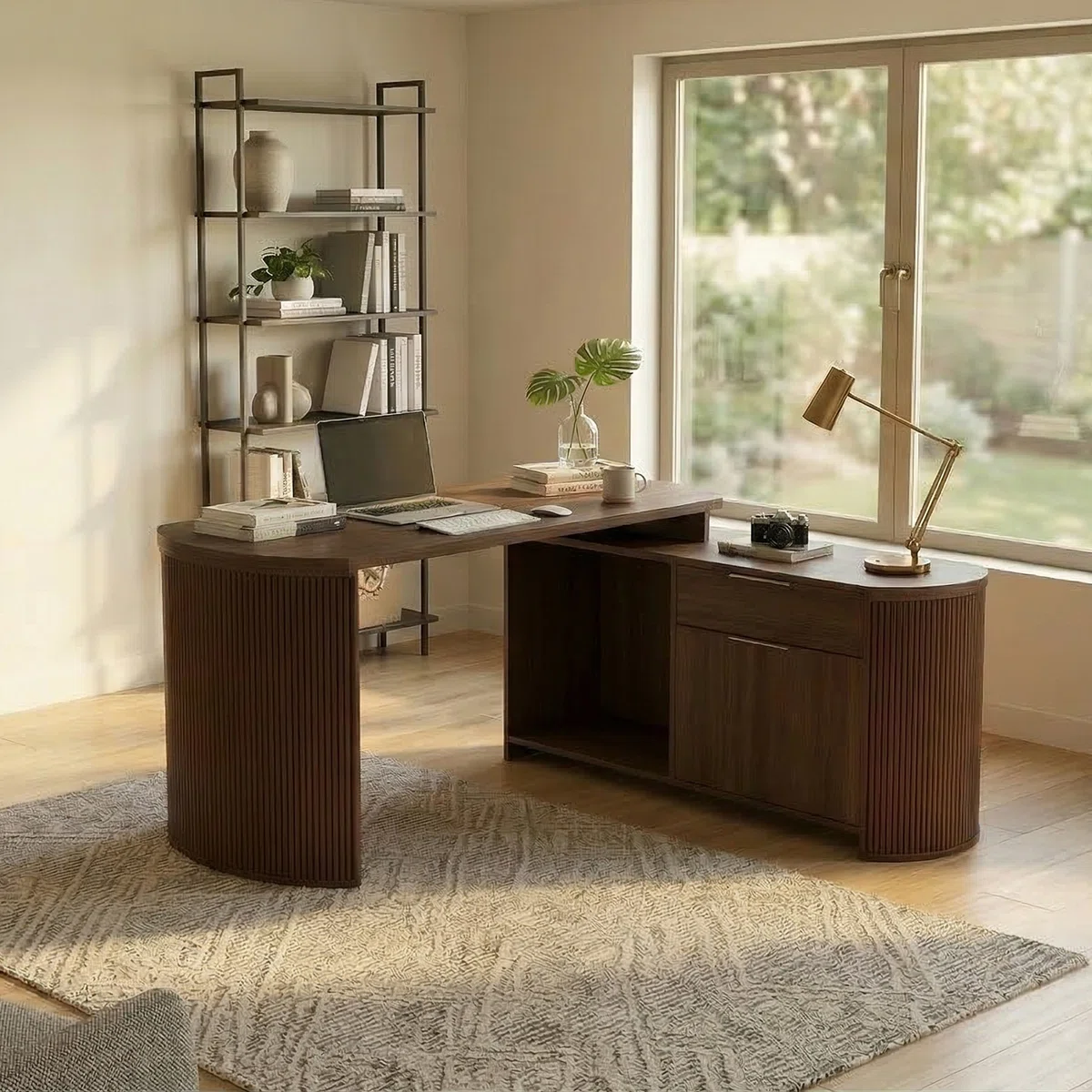 Brown L-shaped desk with curved side panels, 3D wood grain finish, drawer, cabinet, and open shelf.