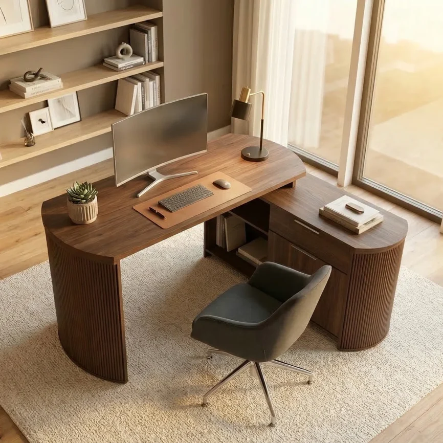 Brown L-shaped desk with curved side panels, 3D wood grain finish, drawer, cabinet, and open shelf.