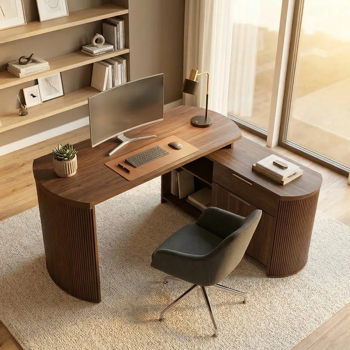 Brown L-shaped desk with curved side panels, 3D wood grain finish, drawer, cabinet, and open shelf.