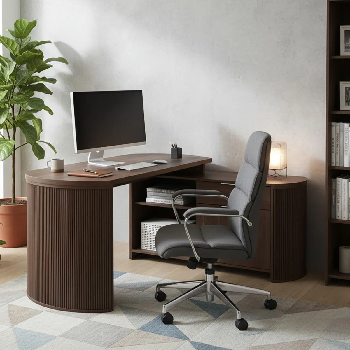Brown L-shaped desk with curved side panels, 3D wood grain finish, drawer, cabinet, and open shelf.