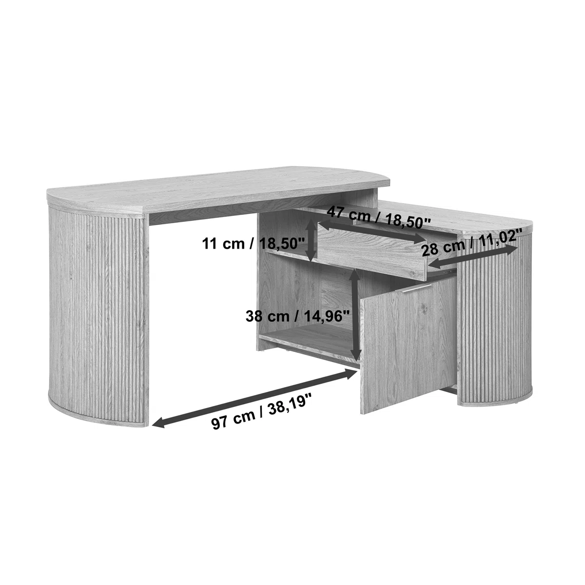 Brown L-shaped desk with curved side panels, 3D wood grain finish, drawer, cabinet, and open shelf.