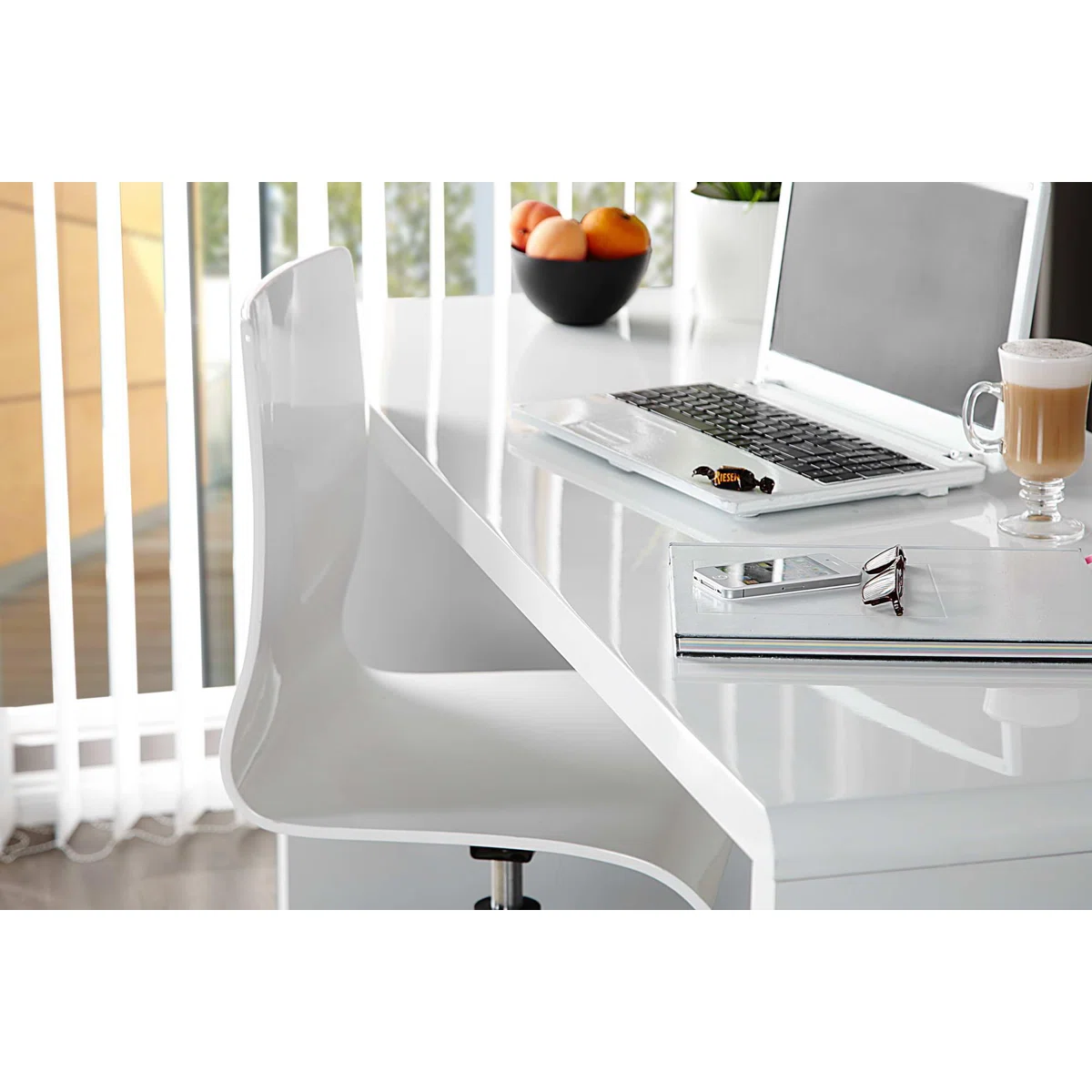 White high gloss office desk with curved edges and rectangular design