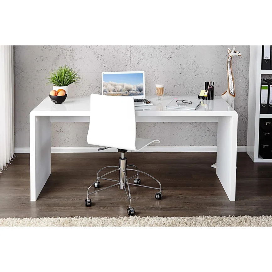 White high gloss office desk with curved edges and rectangular design