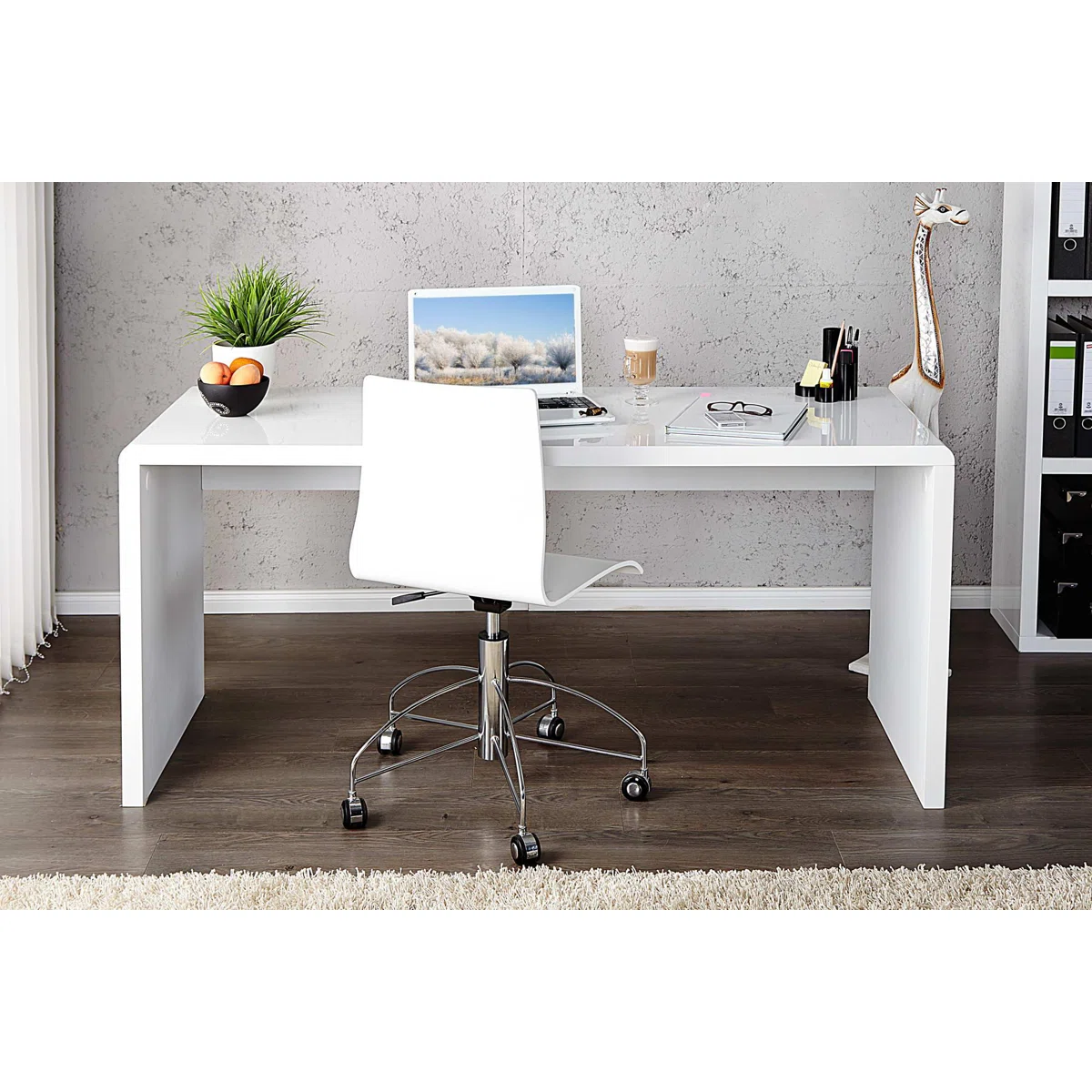 White high gloss office desk with curved edges and rectangular design