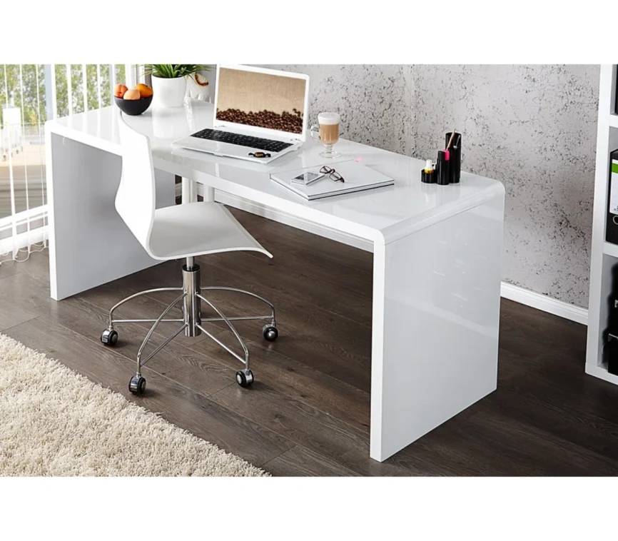 White high gloss office desk with curved edges and rectangular design