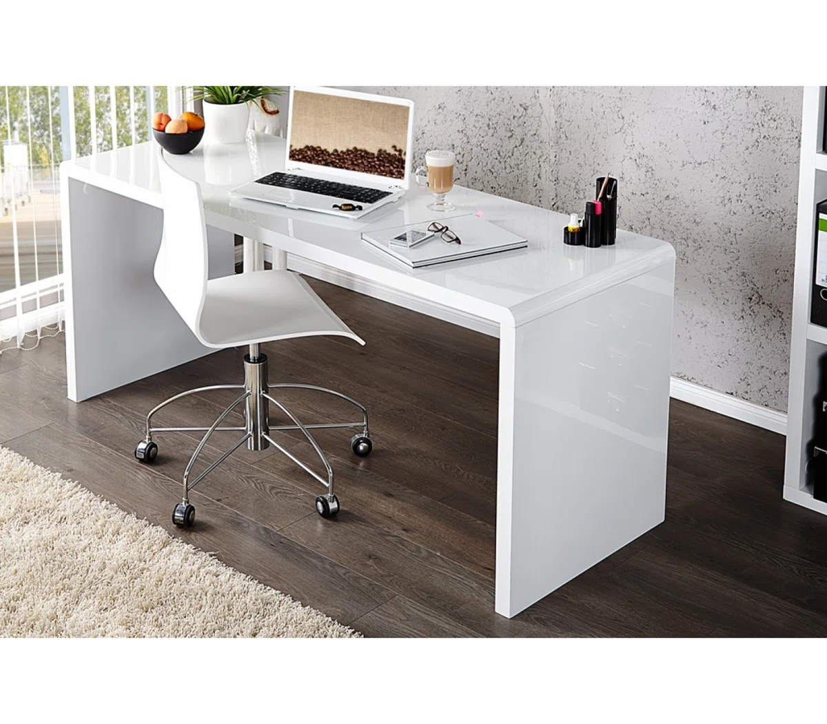 White high gloss office desk with curved edges and rectangular design