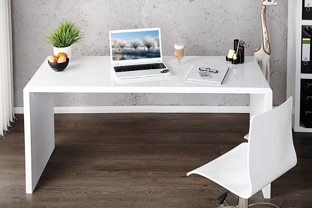 White high gloss office desk with curved edges and rectangular design