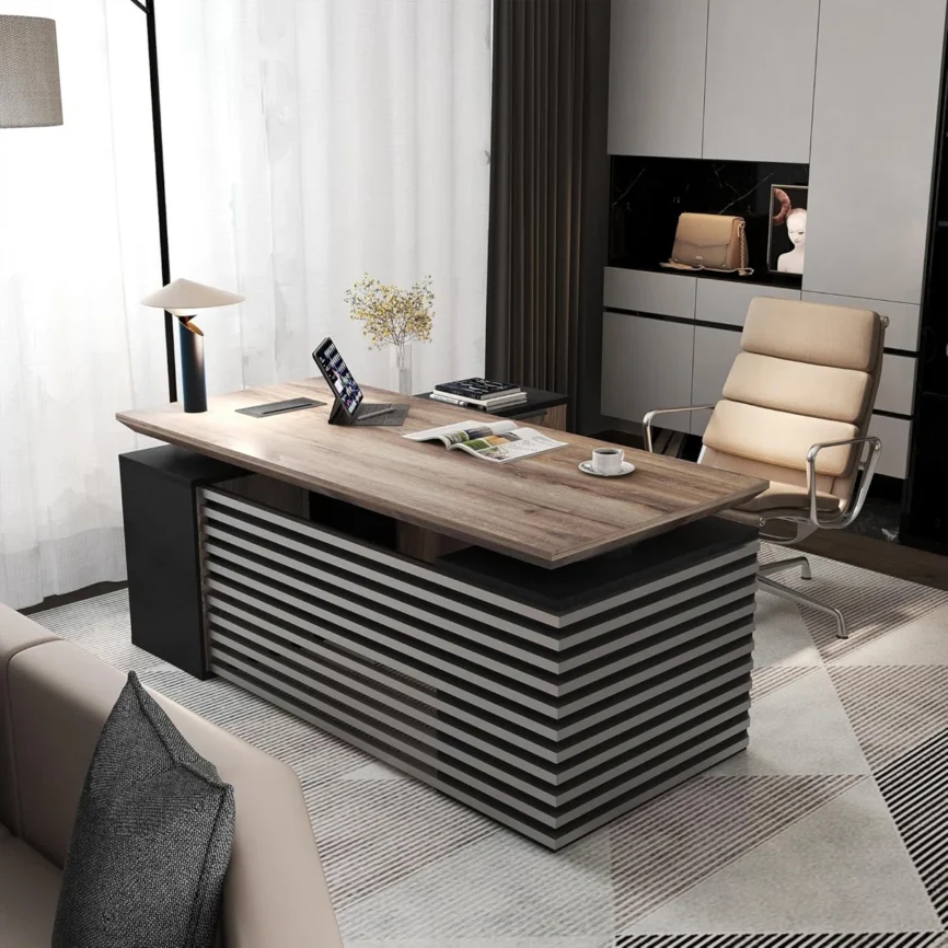 Black L-shaped adjustable executive desk with seven cabinets and lockable drawers