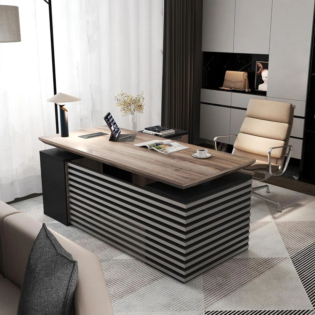 Black L-shaped adjustable executive desk with seven cabinets and lockable drawers