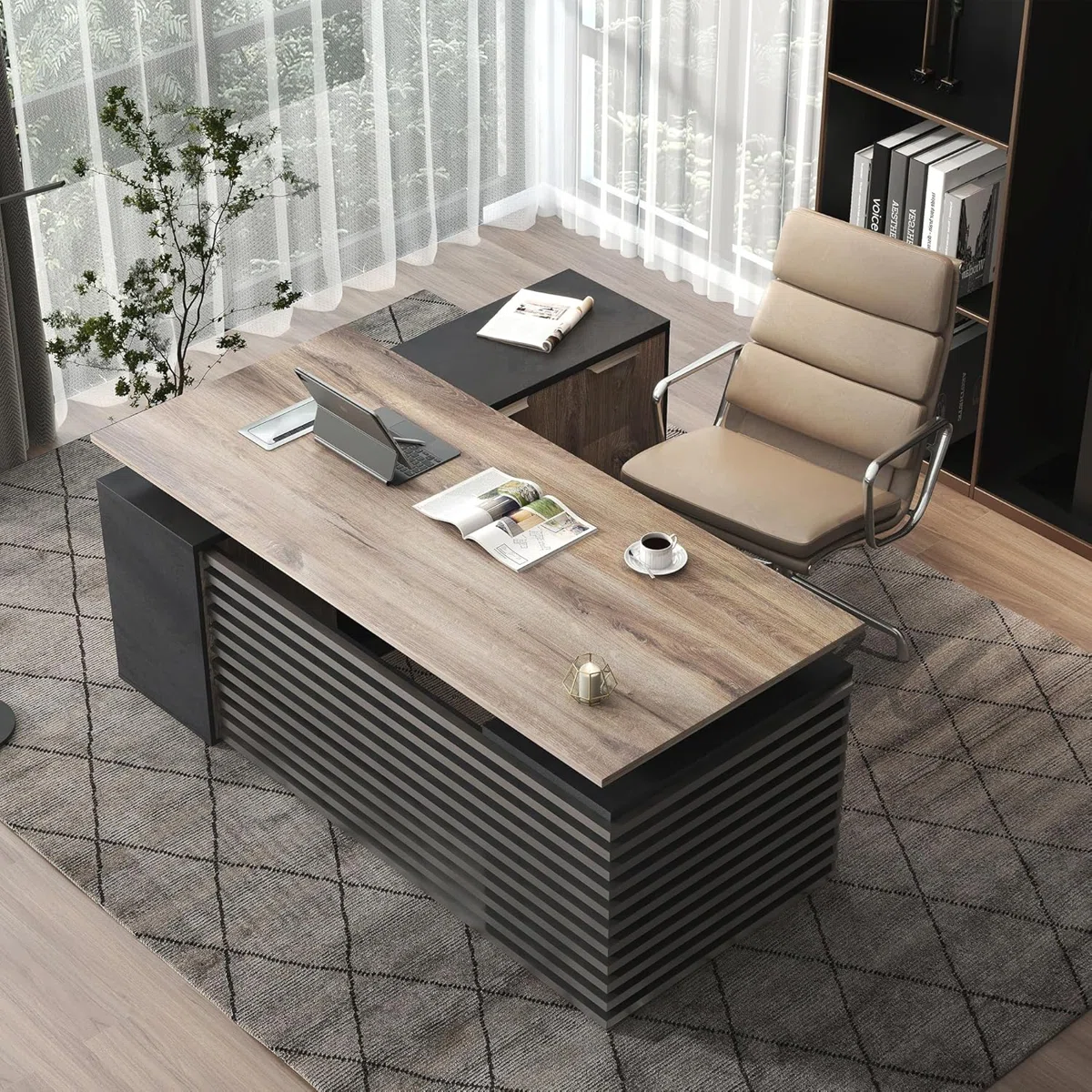 Black L-shaped adjustable executive desk with seven cabinets and lockable drawers