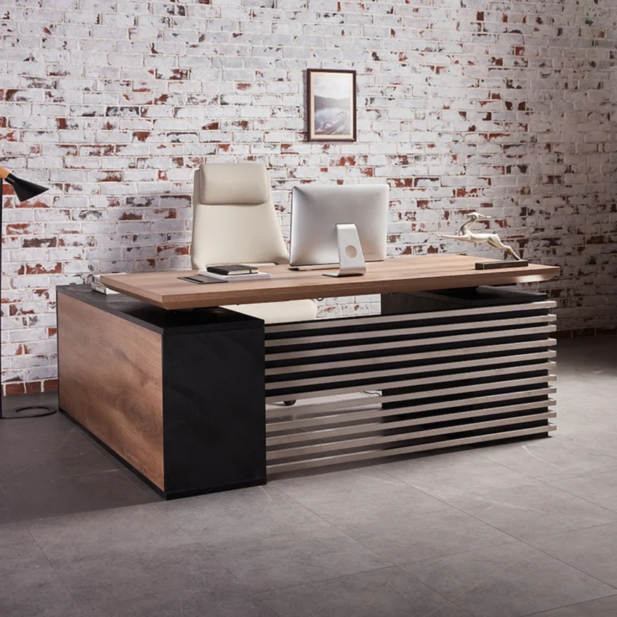 Black L-shaped adjustable executive desk with seven cabinets and lockable drawers