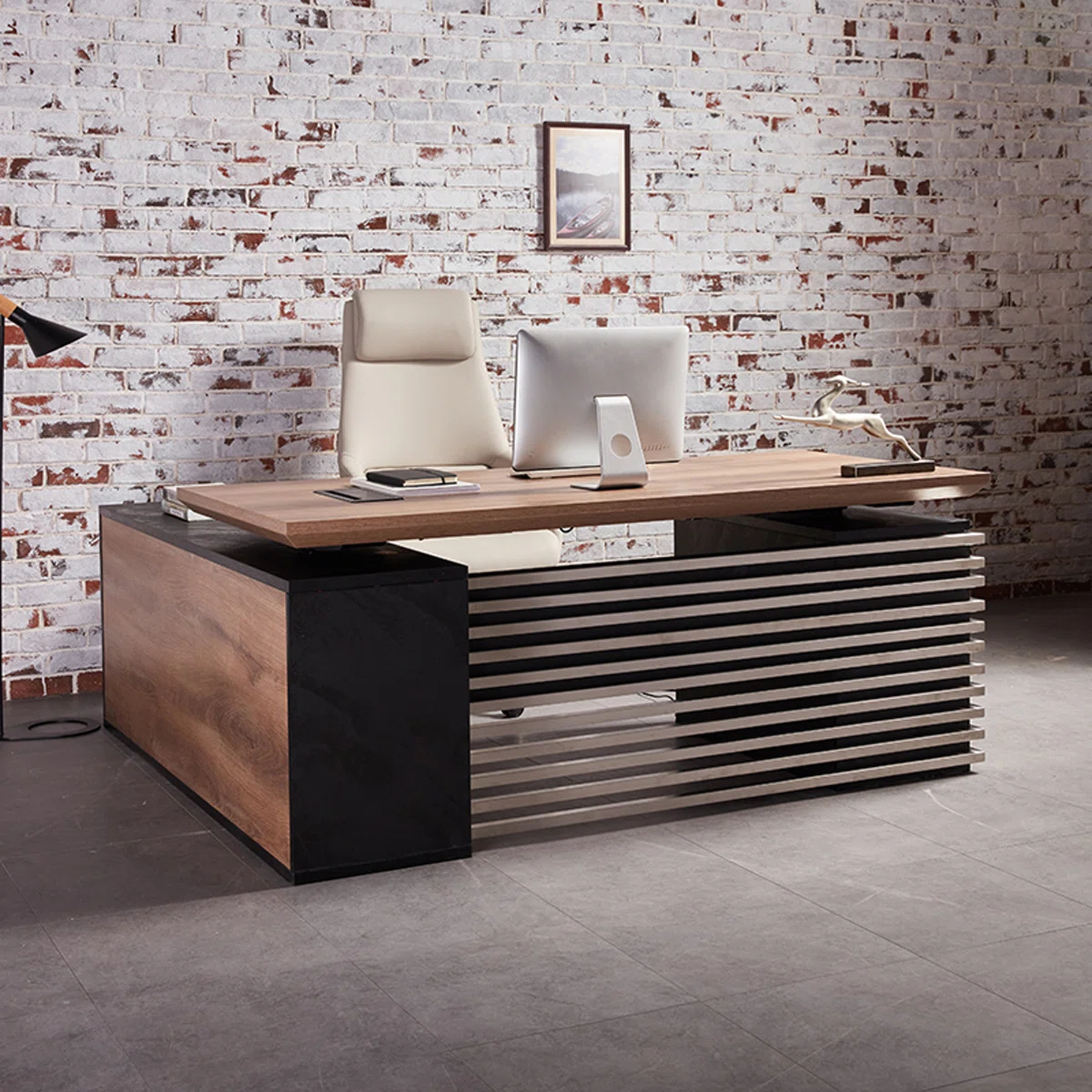 Black L-shaped adjustable executive desk with seven cabinets and lockable drawers