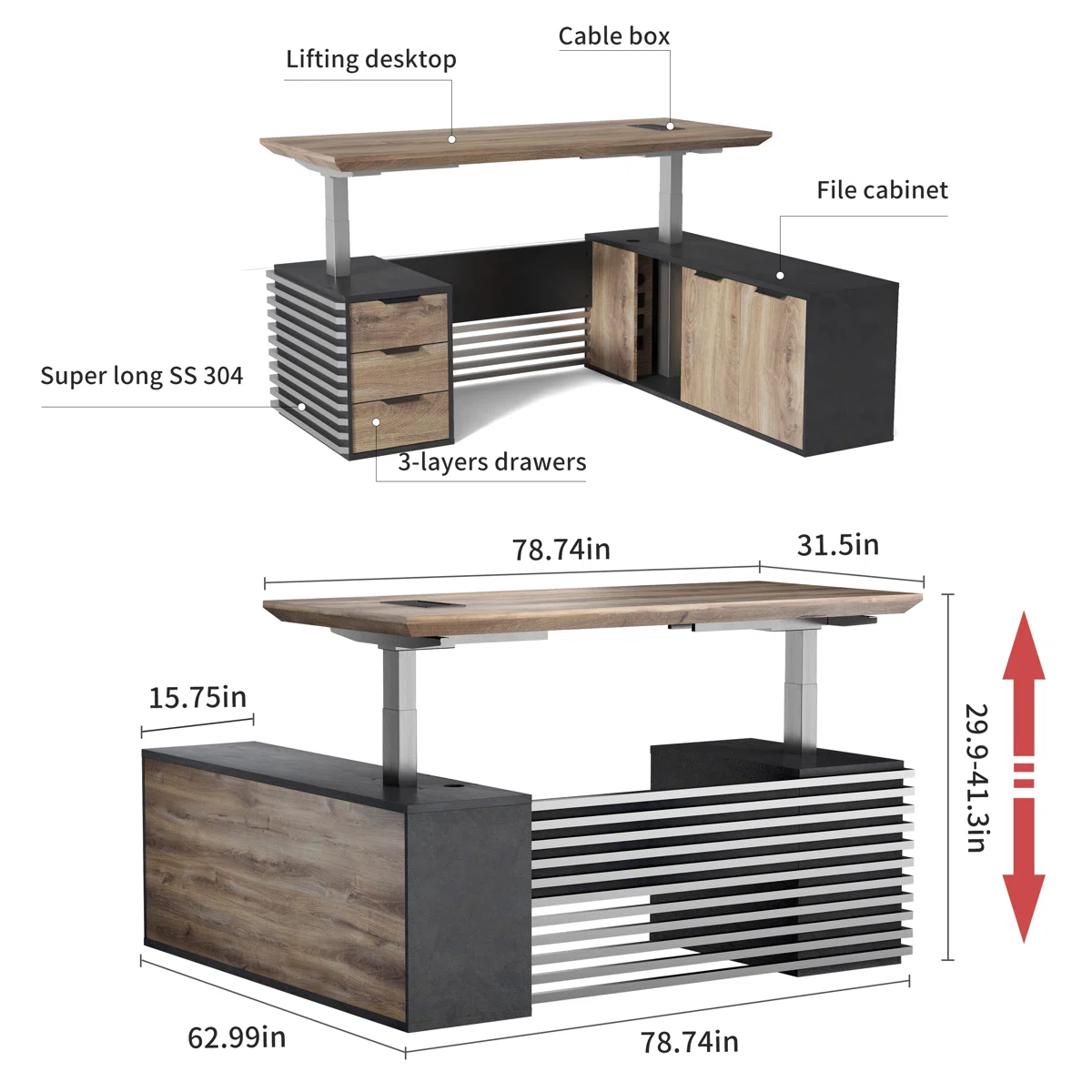 Black L-shaped adjustable executive desk with seven cabinets and lockable drawers
