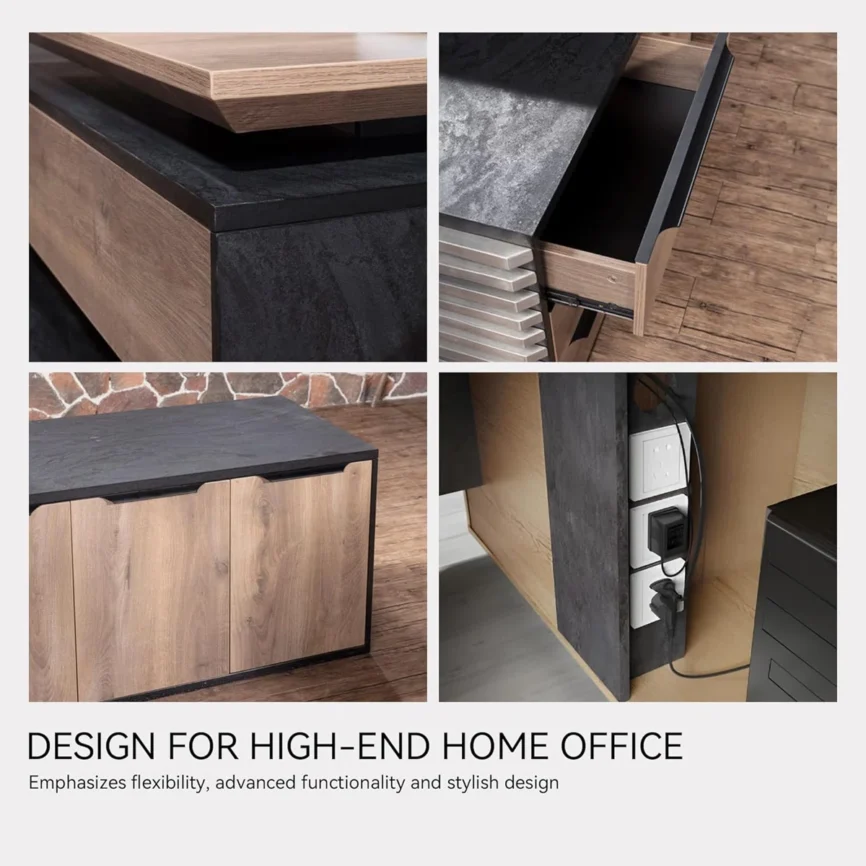 Black L-shaped adjustable executive desk with seven cabinets and lockable drawers
