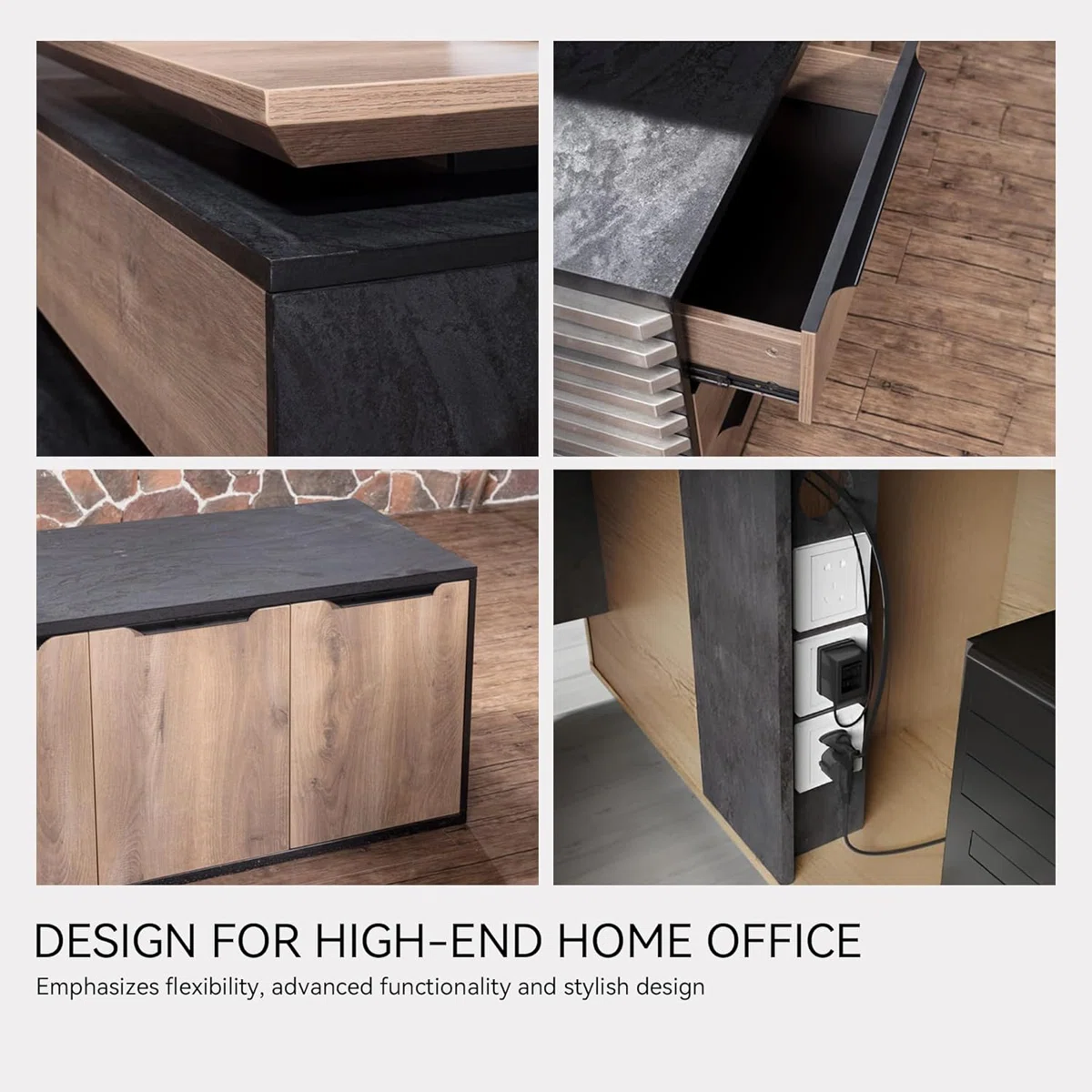 Black L-shaped adjustable executive desk with seven cabinets and lockable drawers