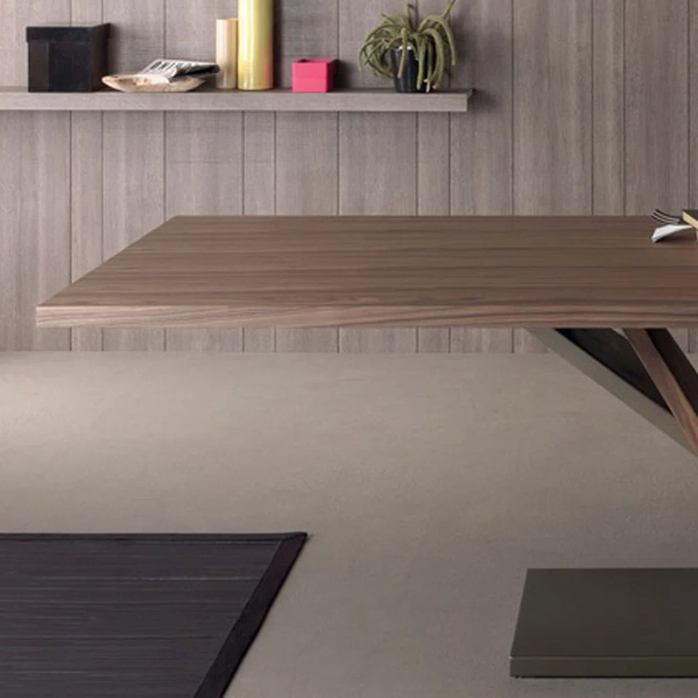 Orion executive desk with solid hemlock wood tabletop and innovative wood-metal leg design, offering spacious surface and modern stability