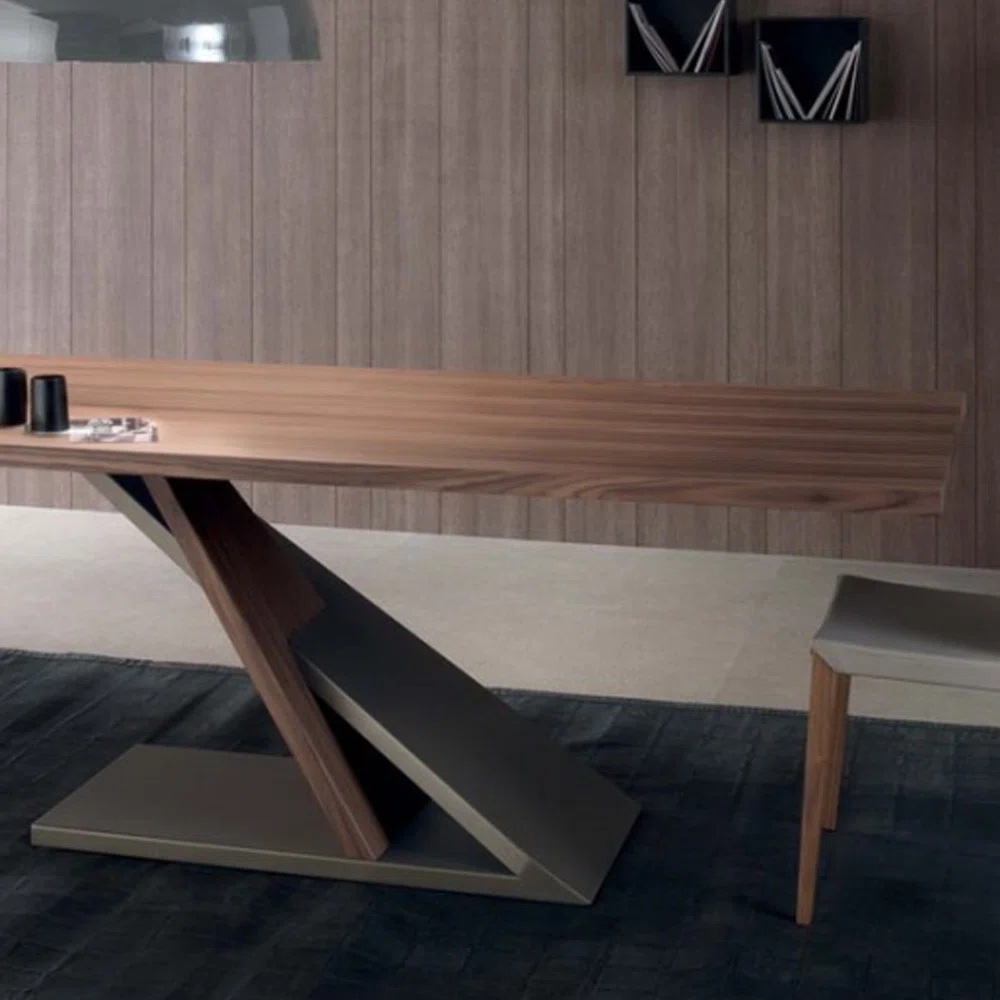 Orion executive desk with solid hemlock wood tabletop and innovative wood-metal leg design, offering spacious surface and modern stability